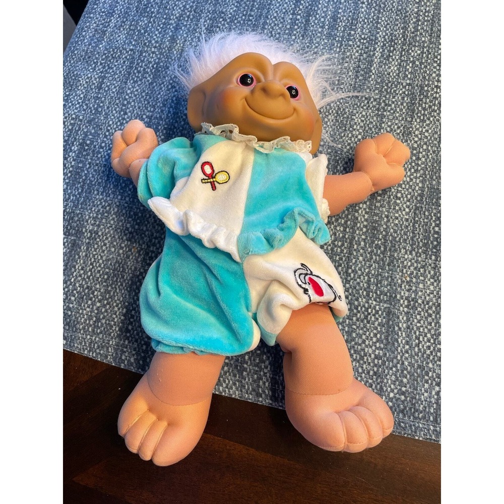 Vintage Troll Ace Novelty soft body Jewel 1991 Treasure Trolls white hair 12 in